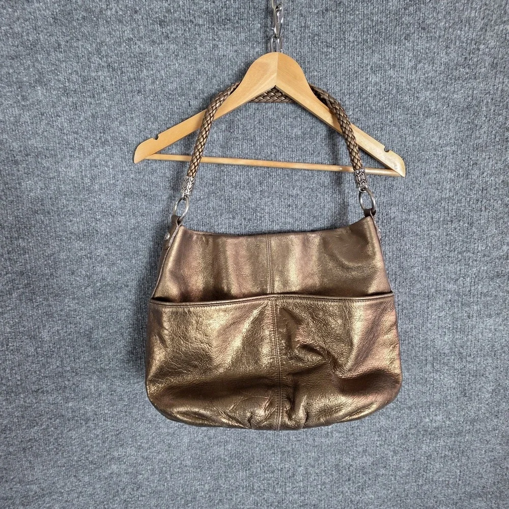 Vintage Brighton Bronze Metallic Leather‎ Hobo Large Bag Braided Strap Shoulder
